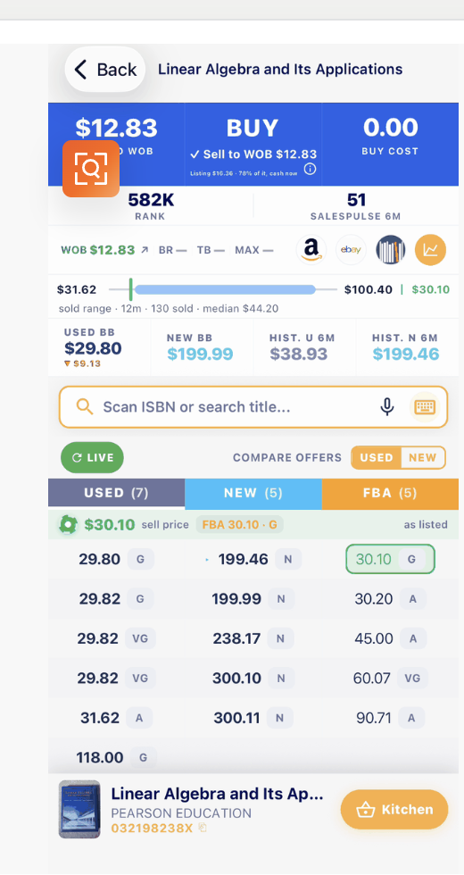Ranger app screen showing a blue buyback offer and a green Amazon profit signal in the same book view