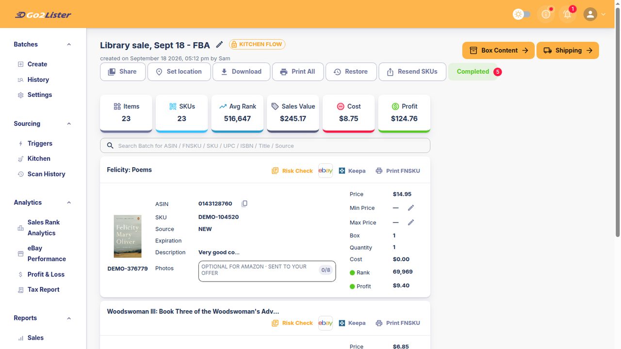 A Go2Lister batch with its items, prices, costs and profit