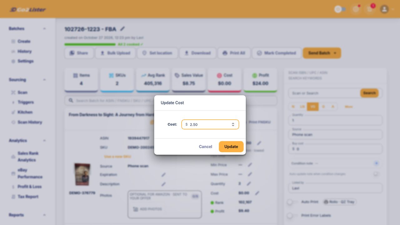 The Update Cost dialog on a batch item
