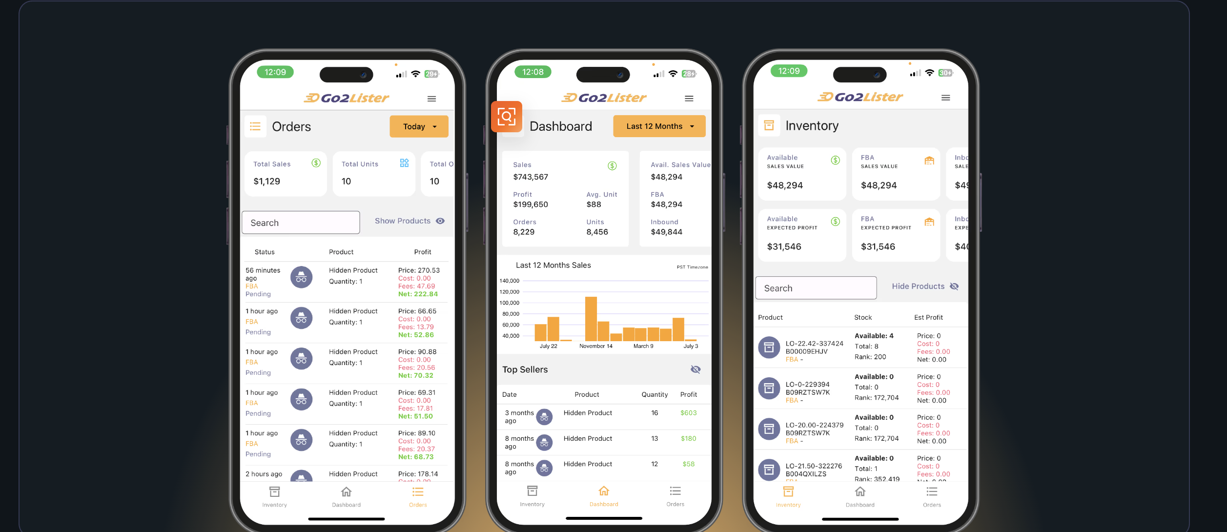 Go2Lister app showing Orders, Dashboard, and Inventory screens